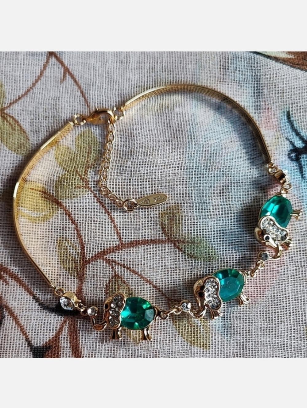 Dark Faceted Teal 18kt Gold Plated Puffed Lucky Elephant Segmented Bracelet NEW